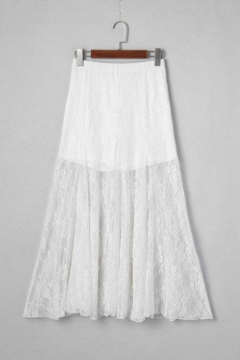 Elegant Sheer Floral Lace Flowy Maxi Skirt