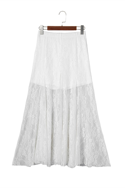 Elegant Sheer Floral Lace Flowy Maxi Skirt