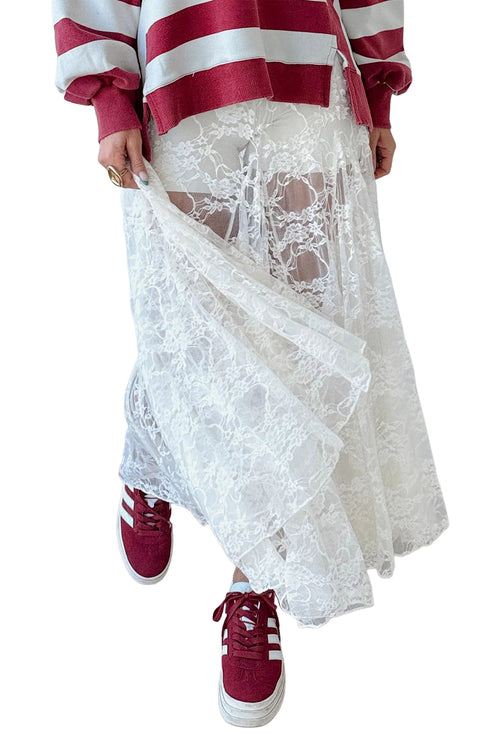 Elegant Sheer Floral Lace Flowy Maxi Skirt