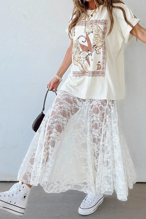 Elegant Sheer Floral Lace Flowy Maxi Skirt