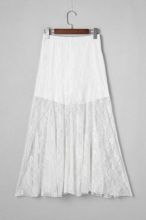 Elegant Sheer Floral Lace Flowy Maxi Skirt
