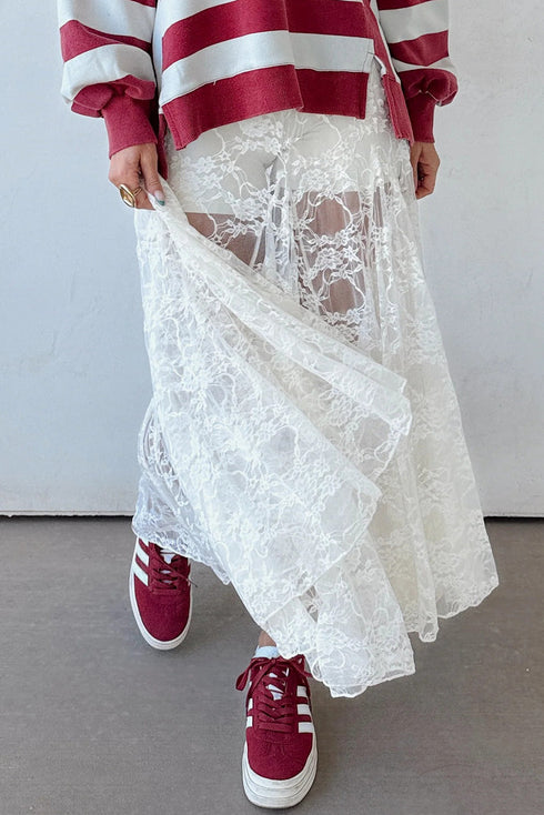 Elegant Sheer Floral Lace Flowy Maxi Skirt