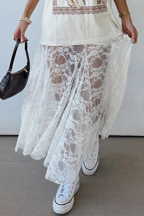 Elegant Sheer Floral Lace Flowy Maxi Skirt