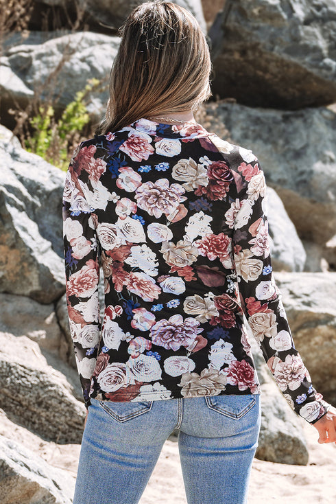 Elegant Sheer Floral Mesh Long Sleeve Mock Neck Top