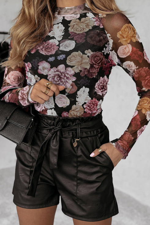 Elegant Sheer Floral Mesh Long Sleeve Mock Neck Top