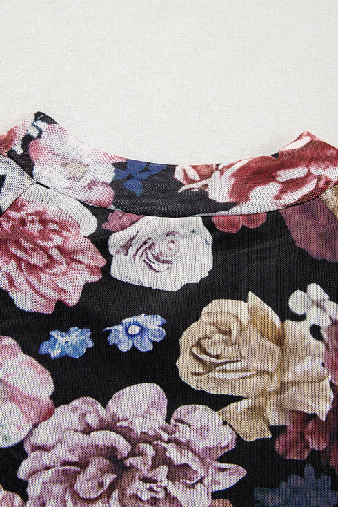Elegant Sheer Floral Mesh Long Sleeve Mock Neck Top