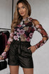 Elegant Sheer Floral Mesh Long Sleeve Mock Neck Top