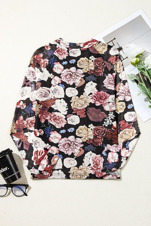 Elegant Sheer Floral Mesh Long Sleeve Mock Neck Top