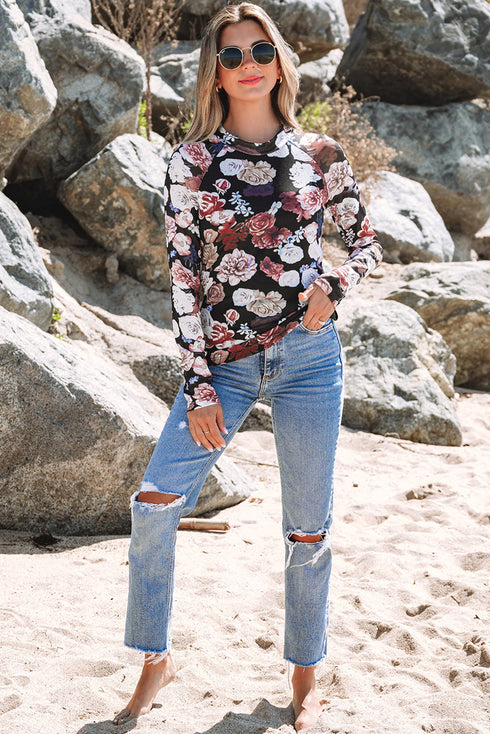 Elegant Sheer Floral Mesh Long Sleeve Mock Neck Top