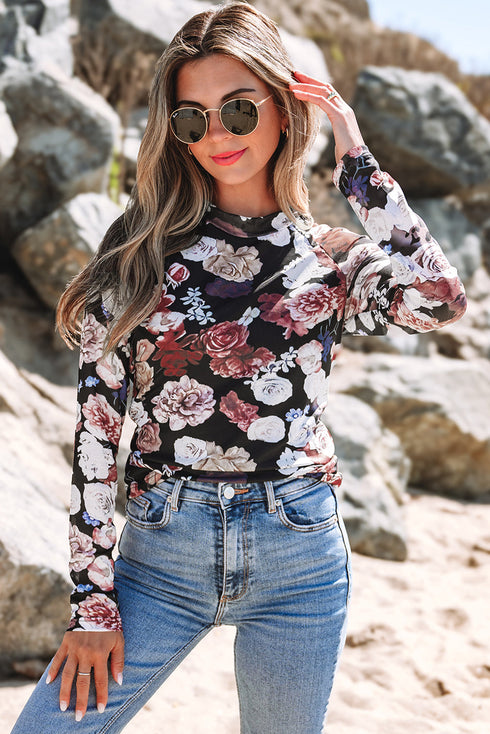 Elegant Sheer Floral Mesh Long Sleeve Mock Neck Top