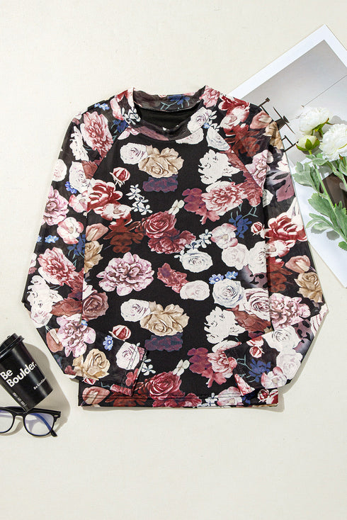 Elegant Sheer Floral Mesh Long Sleeve Mock Neck Top