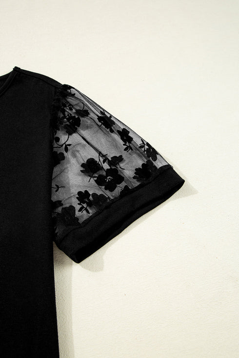 Elegant Sheer Floral Mesh Panel V Neck Loose Fit Plus Size Top