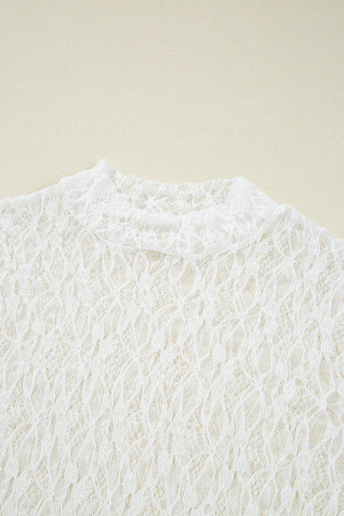 Elegant Sheer Lace Bell Sleeve Mock Neck Blouse