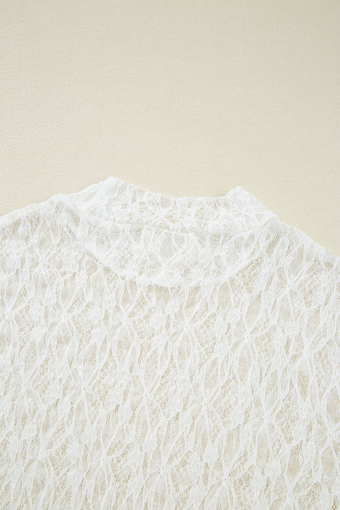 Elegant Sheer Lace Bell Sleeve Mock Neck Blouse