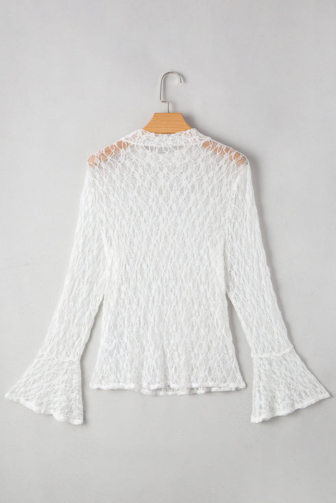 Elegant Sheer Lace Bell Sleeve Mock Neck Blouse