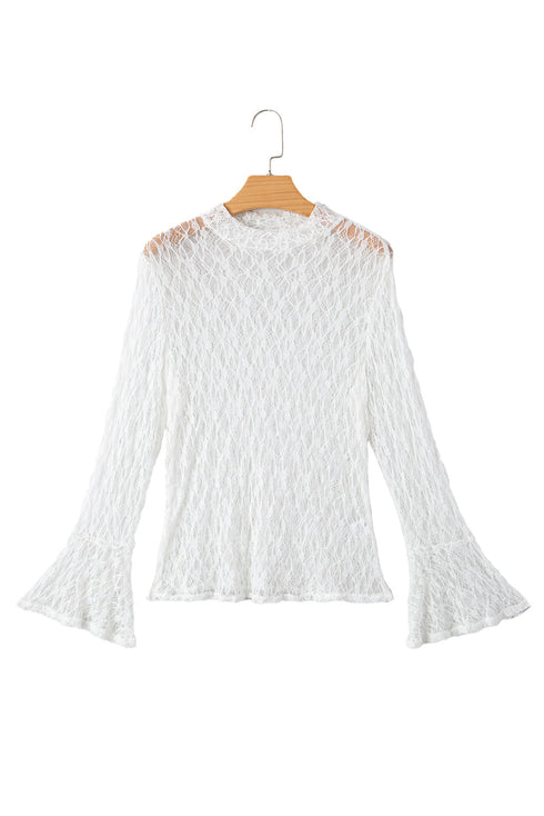 Elegant Sheer Lace Bell Sleeve Mock Neck Blouse