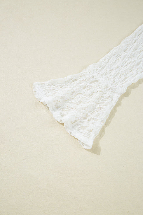 Elegant Sheer Lace Bell Sleeve Mock Neck Blouse