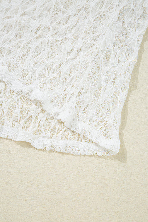 Elegant Sheer Lace Bell Sleeve Mock Neck Blouse