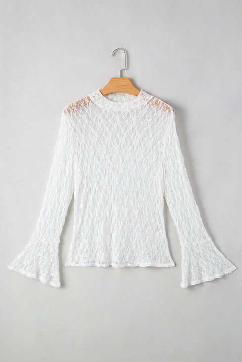 Elegant Sheer Lace Bell Sleeve Mock Neck Blouse