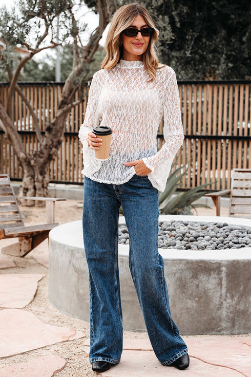 Elegant Sheer Lace Bell Sleeve Mock Neck Blouse