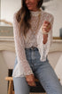 Elegant Sheer Lace Bell Sleeve Mock Neck Blouse