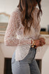Elegant Sheer Lace Bell Sleeve Mock Neck Blouse