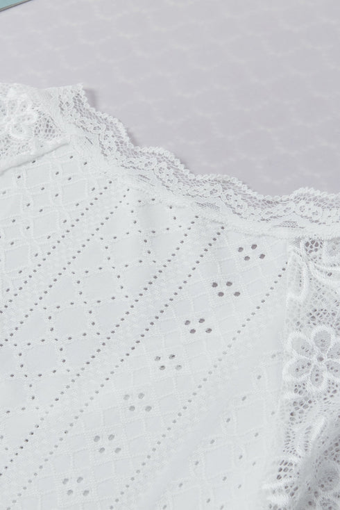 Elegant Sheer Lace Eyelet Embroidered Short Sleeve Top