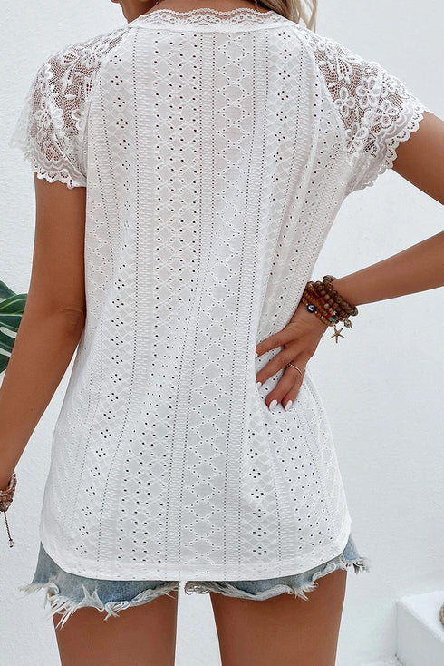 Elegant Sheer Lace Eyelet Embroidered Short Sleeve Top