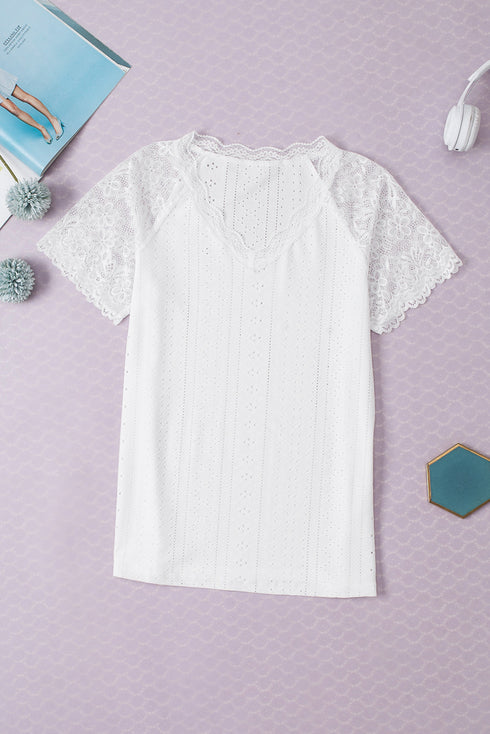 Elegant Sheer Lace Eyelet Embroidered Short Sleeve Top
