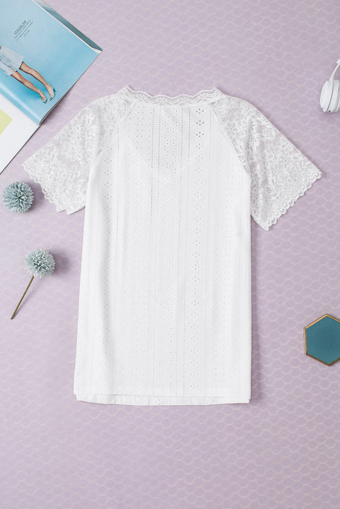 Elegant Sheer Lace Eyelet Embroidered Short Sleeve Top