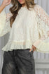 Elegant Sheer Lace Long Sleeve Ruffle Trim Blouse