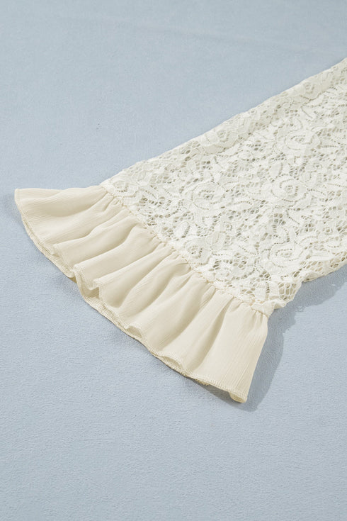 Elegant Sheer Lace Long Sleeve Ruffle Trim Blouse
