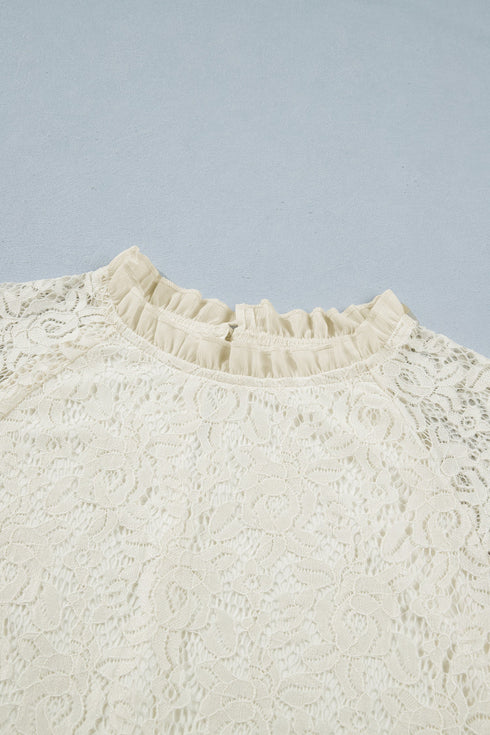 Elegant Sheer Lace Long Sleeve Ruffle Trim Blouse