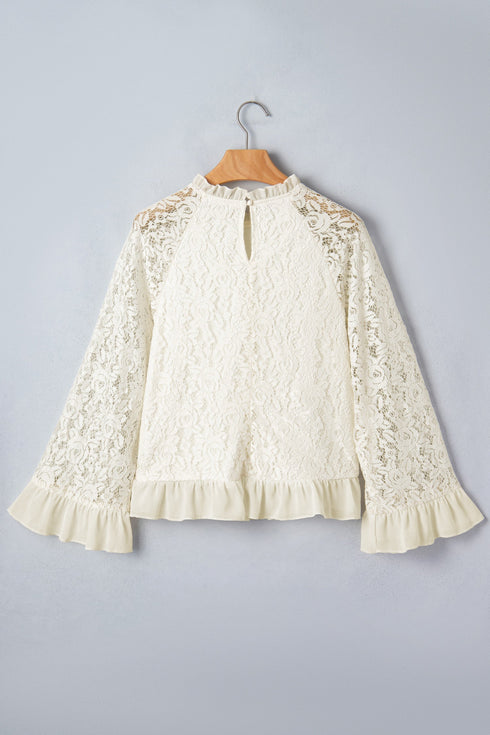 Elegant Sheer Lace Long Sleeve Ruffle Trim Blouse