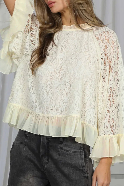 Elegant Sheer Lace Long Sleeve Ruffle Trim Blouse