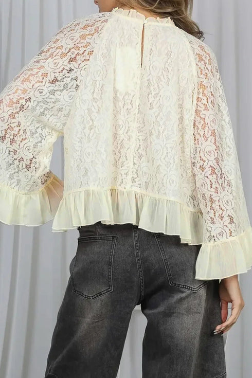 Elegant Sheer Lace Long Sleeve Ruffle Trim Blouse