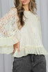 Elegant Sheer Lace Long Sleeve Ruffle Trim Blouse