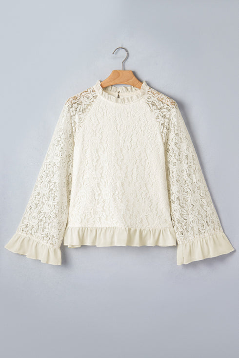 Elegant Sheer Lace Long Sleeve Ruffle Trim Blouse