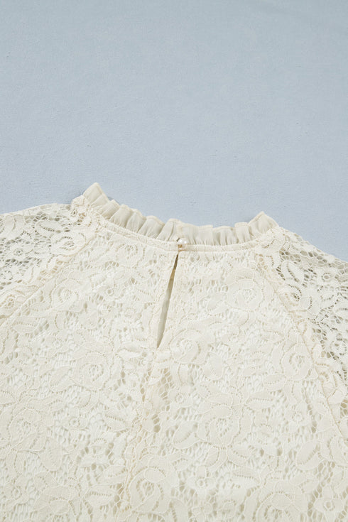 Elegant Sheer Lace Long Sleeve Ruffle Trim Blouse