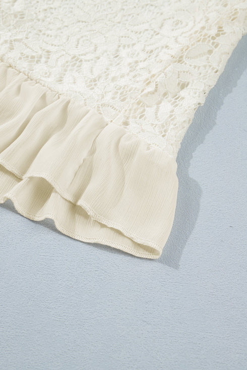 Elegant Sheer Lace Long Sleeve Ruffle Trim Blouse