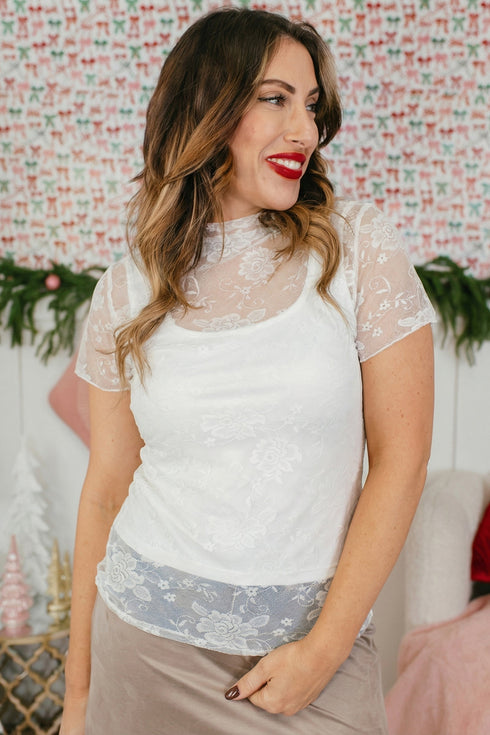 Elegant Sheer Lace Solid Round Neck Top