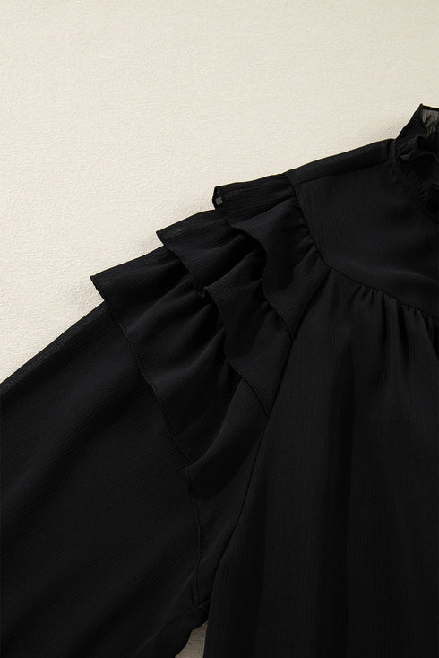 Elegant Sheer Ruffle Balloon Sleeve Chiffon Blouse