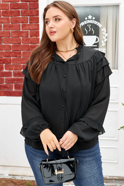 Elegant Sheer Ruffle Balloon Sleeve Chiffon Blouse