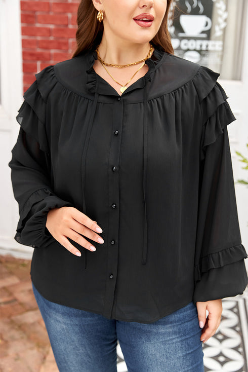 Elegant Sheer Ruffle Balloon Sleeve Chiffon Blouse