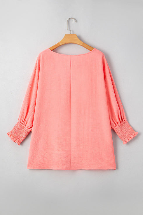 Elegant Shirred Cuff Half Sleeve Textured Plus Size Top