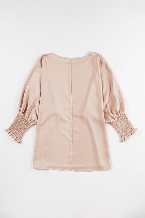 Elegant Shirred Mock Neck Dolman Sleeve Satin Blouse