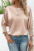 Elegant Shirred Mock Neck Dolman Sleeve Satin Blouse