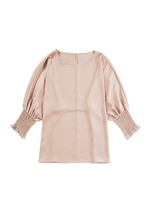 Elegant Shirred Mock Neck Dolman Sleeve Satin Blouse