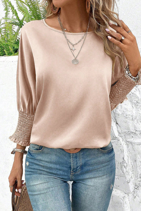 Elegant Shirred Mock Neck Dolman Sleeve Satin Blouse