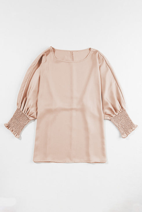 Elegant Shirred Mock Neck Dolman Sleeve Satin Blouse